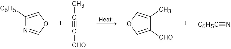 Isoxazole bonded with phenyl reacts with alkyne linked to methyl and aldehyde in heat to form furan bonded with methyl and aldehyde groups at C 4 and C 5, respectively.
