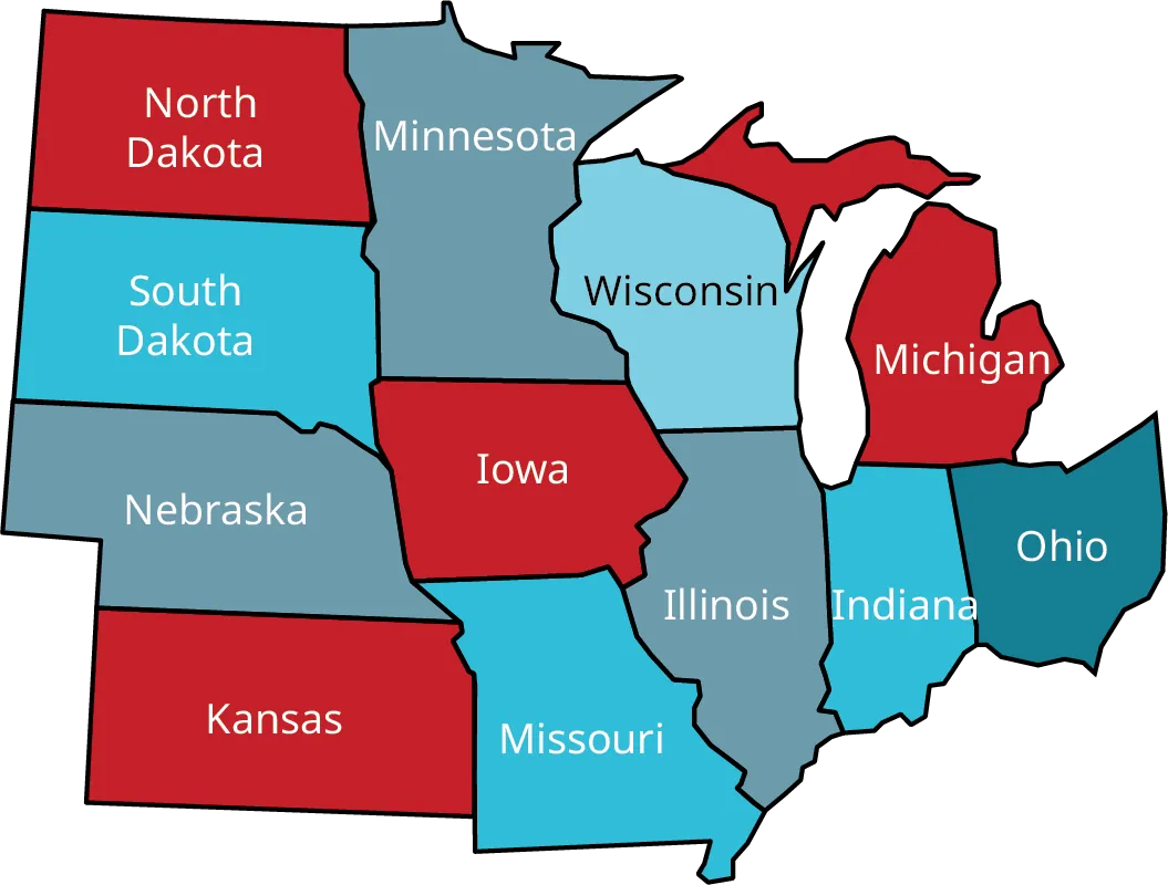 A partial map of the USA with midwestern states. The Midwestern states are North Dakota, South Dakota, Nebraska, Kansas, Minnesota, Iowa, Missouri, Wisconsin, Illinois, Indiana, Michigan, and Ohio. North Dakota, Kansas, Iowa, and Michigan are in red. South Dakota, Missouri, Wisconsin, and Indiana are in blue. Nebraska, Minnesota, Illinois, and Ohio are in purple.
