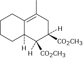 A cyclohexane is fused to a cyclohexene with the double bond between C1 and C2. There is a methyl at C 2. C 3 and C 4 of second ring are each wedge bonded to C O 2 C H 3.