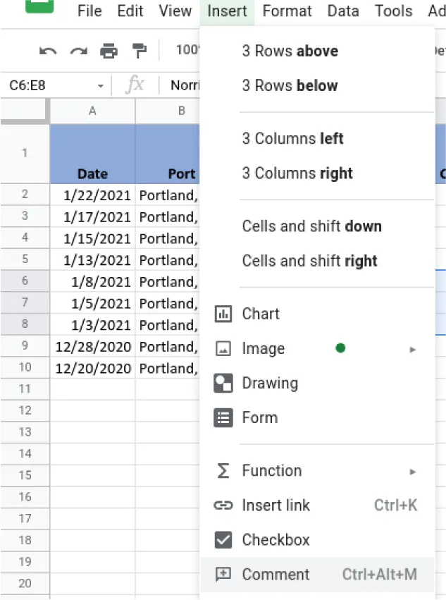 Insert tab is selected and the drop down menu includes a selected option for Comment.