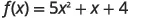 The image displays the quadratic function f(x) = 5x^2 + x + 4.