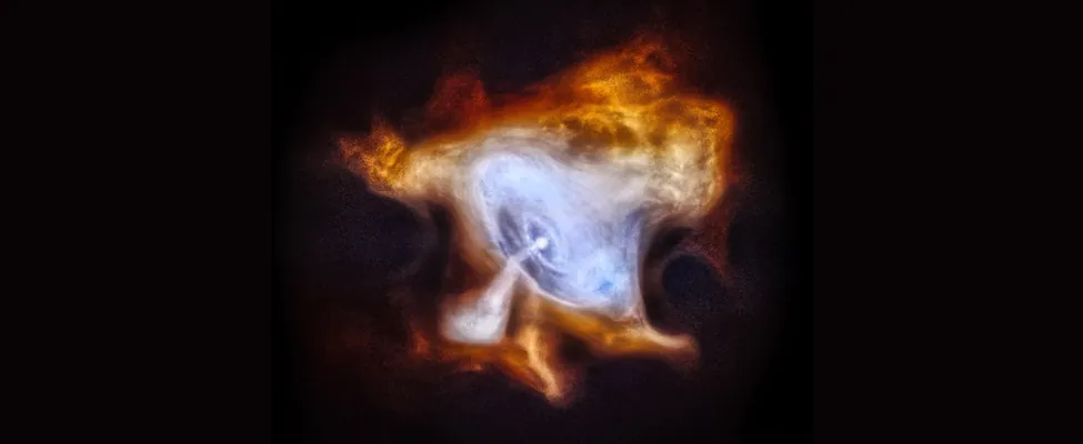 The Crab Nebula. At center, the pulsar is drawn as a white spot in the middle of concentric rings drawn in blue. A white jet of material spews from the pulsar toward the lower left part of the image. The pulsar, rings and jet are surrounded by a diffuse cloud of gas drawn in yellow.