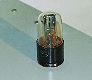 A picture of a lightmeter is shown. There is a clear bulb placed on top of a black base. Inside the bulb is a metal plate attached to a wire. The wire drops into the black base and is no longer visible to the viewer.
