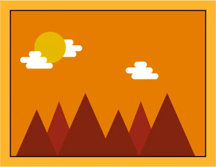 A simple illustration of brown mountains under an orange sky with a yellow sun and white clouds, framed by a yellow border.