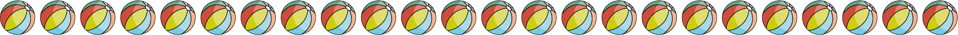 A group of beach balls arranged in 1 long row.
