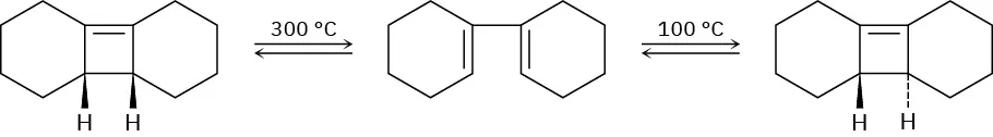 Cis cyclobutene reacts at 300 degree Celsius to give two cyclobutene rings fused by a bond. This reacts at 100 degree Celsius to give trans cyclobutene.