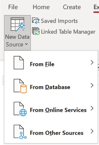 New Data Source button is selected and opens to these options: From File, From Database, From Online Servies, and From Other Sources.