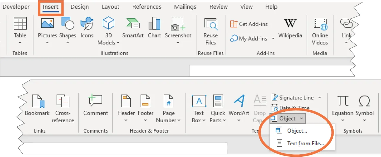 Insert tab selected. Object button (Text command group) selected; opens to options for: Object and Text from File. Other options in Text command group include Signature Line and Date & Time buttons.
