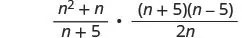 An algebraic expression showing the product of two fractions. The first fraction is (n^2 + n) divided by (n + 5). The second fraction is ((n + 5)(n - 5)) divided by (2n).