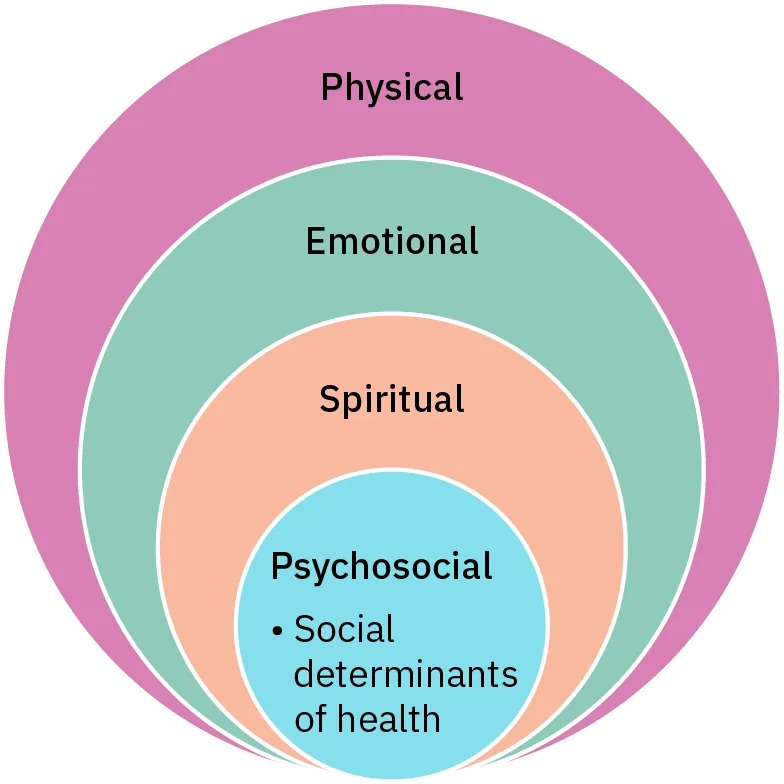 The patient support circle is one circle that is made up of four circles, each one getting slightly smaller to fit inside the previous one. Starting with the smallest circle, they are labeled: 1. psychosocial; social determinants of health; 2. spiritual; 3. emotional; and 4. physical.