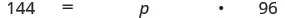 A mathematical equation is displayed, showing '144 = p ×. 96' with the variable 'p' and a multiplication dot before '96' on a white background.