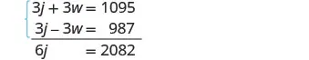 A system of two linear equations, 3j + 3w = 1095 and 3j - 3w = 987, is shown being solved by elimination. The equations are added together, resulting in 6j = 2082.