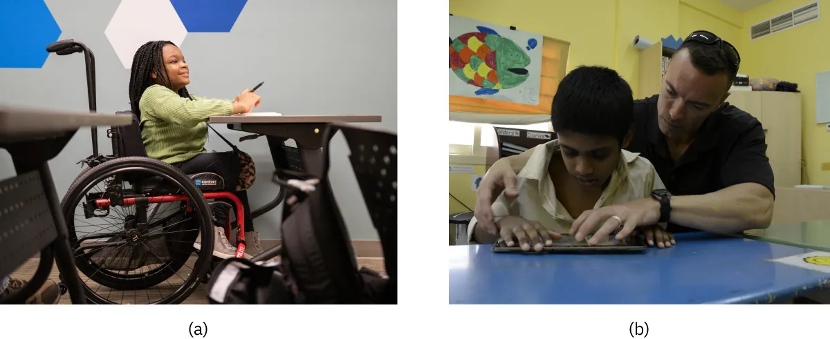 Photo of (a) child sitting in a wheelchair at a desk and (b) a child being assisted by an adult while using an iPad.