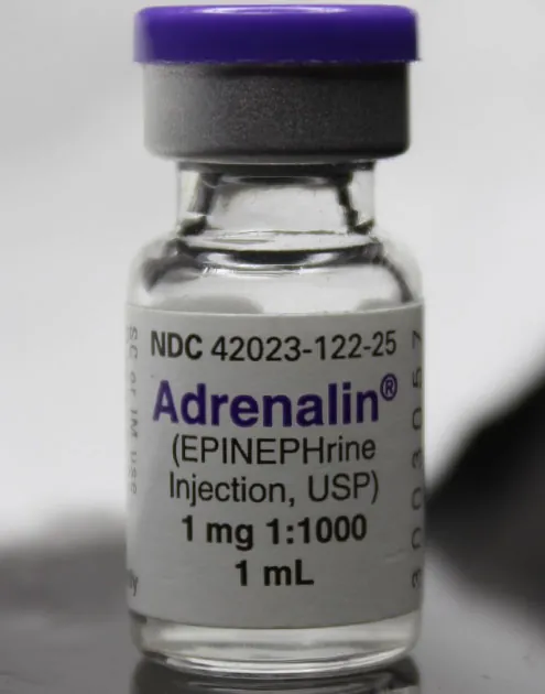 A photograph shows a vial labeled “Adrenalin (EPINEPHrine Injection, USP) 1 mg 1:1000 1 mL.