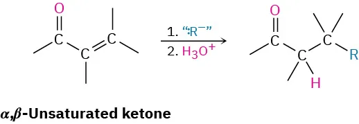 An alpha beta-unsaturated ketone reacts first with R anion, then with hydronium, to produce a saturated product with R as a substituent on the beta carbon.