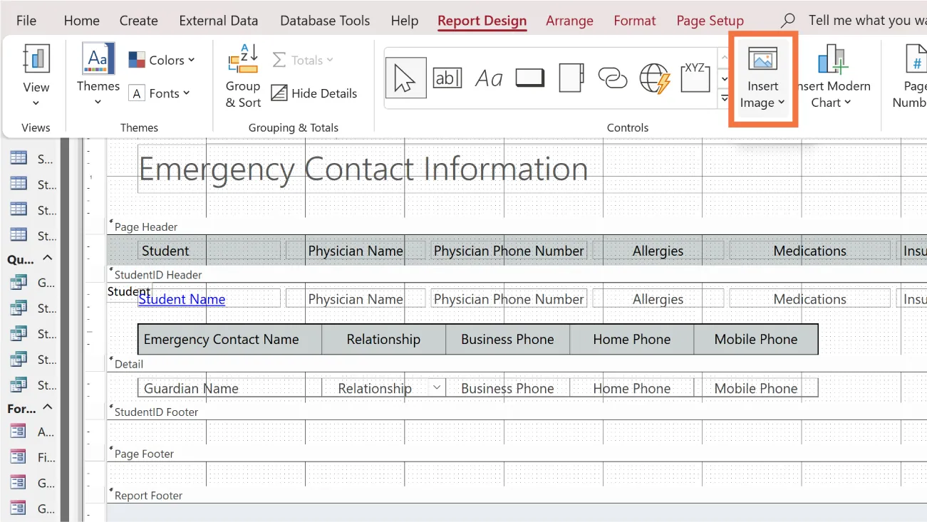 Insert Image button in Controls toolbar (Report Design tab) selected. Categories in a form are displayed in design view.