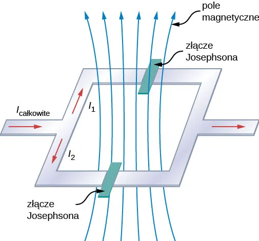 Rysunek jest schematem kałamarnicy. Prąd wchodzi w pętlę i dzieli się na dwa szlaki. Dwa skrzyżowania Josepsona są rozmieszczone na dwóch przeciwnych stronach pętli. Pole magnetyczne biegnie przez pętlę prostopadle do płynącego przez nią prądu.. 