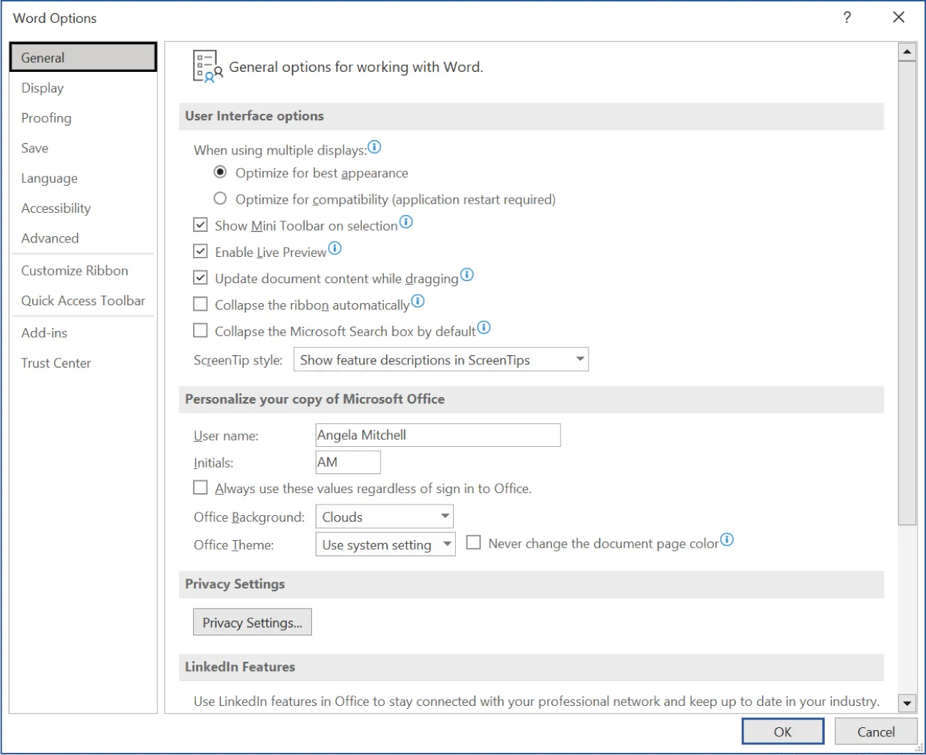 Word Options window is open, General is selected from the left pane. Various General options for working with Word are available for selection.