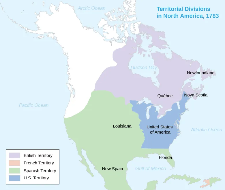 A map shows the territorial divisions in North America in 1783. British, French, Spanish, and U.S. Territory are shaded. Louisiana, Florida, and New Spain are labeled within Spanish Territory, which includes most of the present-day U.S. west of the Mississippi as well as Mexico and Central America. Quebec, Newfoundland, and Nova Scotia are labeled within British Territory, which includes much of present-day Canada. The United States of America is labeled within U.S. Territory, which is bordered on the west by the Mississippi River. French Territory is limited to present-day Haiti.