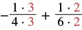 A mathematical expression showing the addition of two fractions: - (1 * 3) / (4 * 3) + (1 * 2) / (6 * 2). The numbers 3 and 2, used to adjust fractions to a common denominator, are highlighted in red.