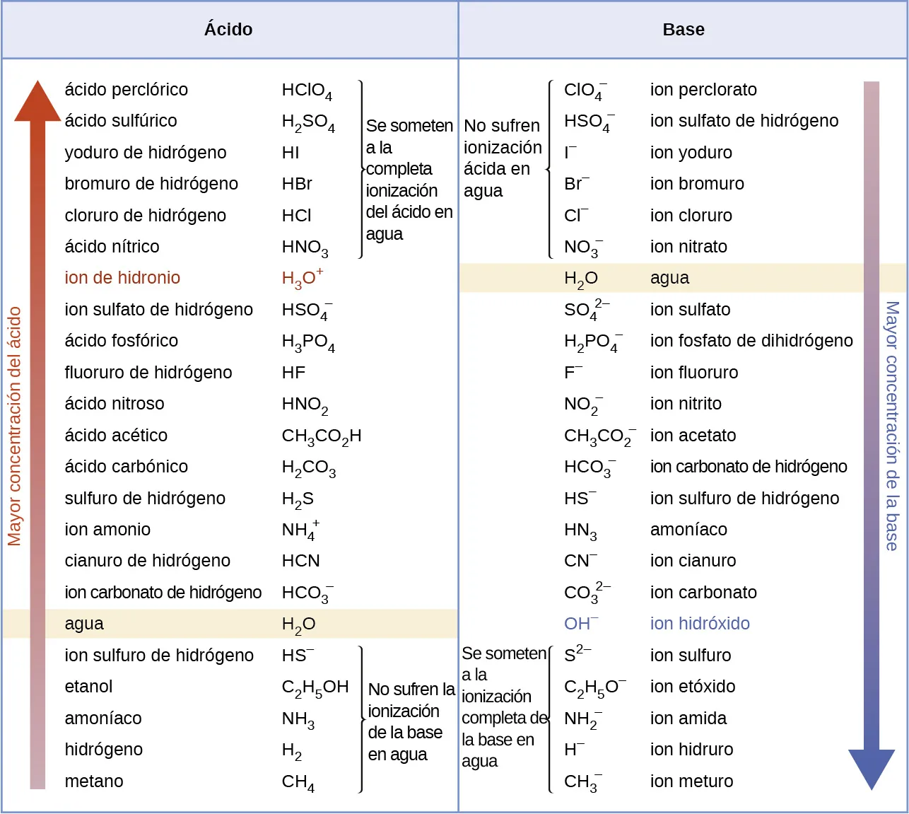 Esta figura incluye una tabla separada en una mitad izquierda etiquetada "Ácidos" y una mitad derecha etiquetada "Bases". Una flecha roja señala el lado izquierdo, que está etiquetado como "Aumento de la fuerza del ácido". Del mismo modo, una flecha azul apunta hacia abajo a lo largo del lado derecho, que está etiquetado como "Aumento de la fuerza de la base". Los nombres de los ácidos y las bases aparecen junto a cada flecha hacia el centro de la tabla, seguidos de las fórmulas químicas. Los ácidos enumerados de arriba hacia abajo son ácido sulfúrico, H subíndice 2 S O subíndice 4, yoduro de hidrógeno, H I, bromuro de hidrógeno, H B r, cloruro de hidrógeno, H C l, ácido nítrico, H N O subíndice 3, ion de hidronio (en texto rosa) H subíndice 3 O superíndice signo más, ion de sulfato de hidrógeno, H S O subíndice 4 superíndice signo negativo, ácido fosfórico, H subíndice 3 P O subíndice 4, fluoruro de hidrógeno, H F, ácido nitroso, H N O subíndice 2, ácido acético, C H subíndice 3 C O subíndice 2 H, ácido carbónico H subíndice 2 C O subíndice 3, sulfuro de hidrógeno, H subíndice 2 S, ion de amonio, N H superíndice 4 superíndice +, cianuro de hidrógeno, H C N, ion de hidrogenocarbonato, H C O subíndice 3 superíndice signo negativo, agua (sombreado en beige) H subíndice 2 O, ion de sulfuro de hidrógeno, H S superíndice signo negativo, etanol, C subíndice 2 H superíndice 5 O H, amoníaco, N H subíndice 3, hidrógeno, H subíndice 2, metano y C H subíndice 4. Los ácidos de la parte superior del listado, desde el ácido sulfúrico hasta el ácido nítrico, están agrupados con un corchete a la derecha etiquetado como "sufren una completa ionización del ácido en el agua". Del mismo modo, los ácidos de la parte inferior, desde el ion de sulfuro de hidrógeno hasta el metano, están agrupados con un corchete y etiquetados como "No sufren ionización ácida en el agua". La mitad derecha de la figura enumera las bases y las fórmulas. Los ácidos enumerados de arriba hacia abajo son ion de sulfato de hidrógeno, H S O subíndice 4 superíndice signo negativo, ion de yoduro, I superíndice signo negativo, ion de bromuro, B r superíndice signo negativo, ion de cloruro, C l superíndice signo negativo, ion de nitrato, N O subíndice 3 superíndice signo negativo, agua (sombreado en beige), H subíndice 2 O, ion de sulfato, S O subíndice 4 superíndice 2 signo negativo, ion de fosfato de dihidrógeno, H subíndice 2 P O subíndice 4 superíndice signo negativo, ion de fluoruro, F superíndice signo negativo, ion de nitrito, N O subíndice 2 superíndice signo negativo, ion de acetato, C H subíndice 3 C O subíndice 2 superíndice signo negativo, ion de hidrogenocarbonato, H C O subíndice 3 superíndice signo negativo, ion de sulfuro de hidrógeno, H S superíndice signo negativo, amoníaco, N H subíndice 3, ion de cianuro, C N superíndice signo negativo, ion de carbonato, C O subíndice 3 superíndice 2 signo negativo, ion de hidróxido (en azul), O H superíndice signo negativo, ion de sulfuro, S subíndice 2 signo negativo, ion de etóxido, C subíndice 2 H subíndice 5 O superíndice signo negativo, ion amida N H subíndice 2 superíndice signo negativo, ion de hidruro, H superíndice signo negativo e ion de meturo C H subíndice 3 superíndice signo negativo. Las bases de la parte superior, desde el ion de perclorato hasta el ion de nitrato, están agrupadas con un corchete que lleva la etiqueta "No sufren ionización de bases en el agua". Del mismo modo, las 5 inferiores de la lista, desde el ion de sulfuro hasta el ion de meturo, se agrupan y se etiquetan como "sufren una ionización completa de la base en el agua".