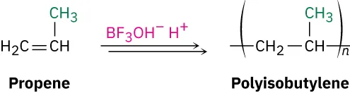 Isobutylene reacts with hydrogen trifluoro(hydroxy)borate to form polyisobutylene depicted inside parentheses with subscript n.