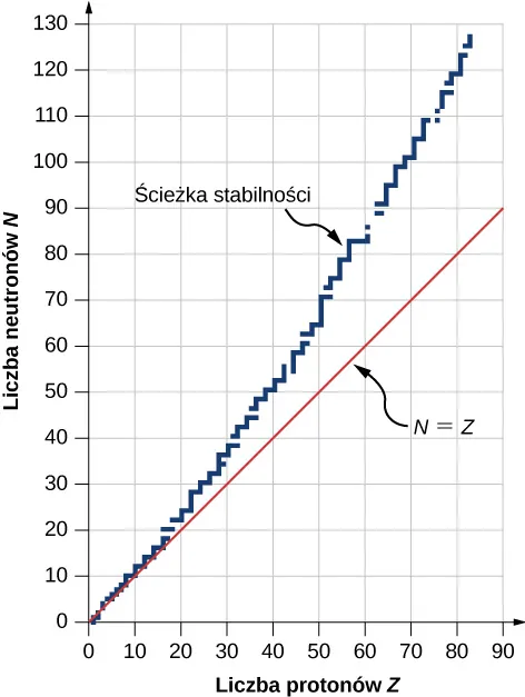 Wykres liczby neutronów N w zależności od liczby protonów Z. Linia prosta na wykresie opisana jest jako N równe Z. Inna, nieregularna linia oznaczona jest jako pasmo stabilności. Zaczyna się ona w początku układu współrzędnych i wznosi się schodkowo. Dla Z = 80 wartość N wynosi 120.