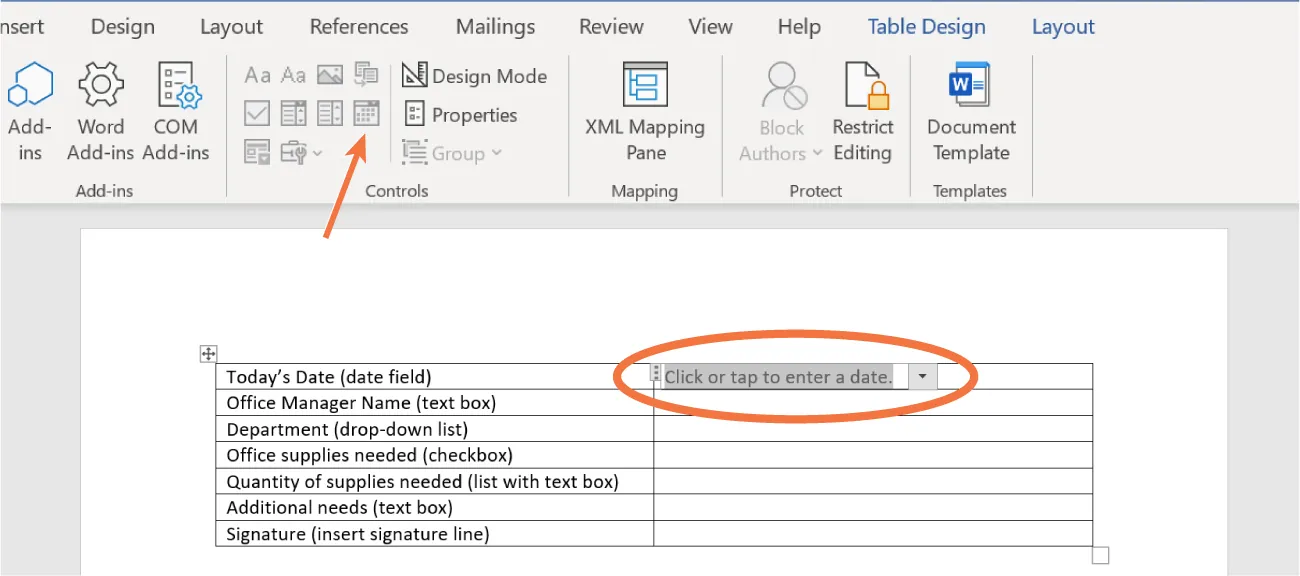 Date Picker Content Control is selected. The first cell in the second column displays a drop down with Click or tap to enter a date.