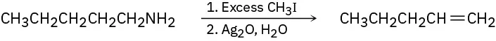 A reaction of 1-aminopentane first with excess methyl iodide and then with Ag 2 O and water yields 1-pentene.