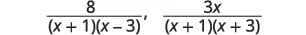 The image shows two algebraic fractions separated by a comma. The first fraction is 8 over (x+1)(x-3). The second fraction is 3x over (x+1)(x+3).
