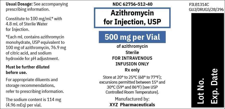 Medication label for Azithromycin for Injection, USP. The label reads: Usual Dosage: See accompanying prescribing information. Constitute to 100 mg/mL* with 4.8 mL of Sterile Water for Injection. *Each mL contains azithromycin monohydrate, USP equivalent to 100mg of azithromycin, 76.9 mg of citric acid, and sodium hydroxide for pH adjustment. Must be further diluted before use. For appropriate diluents and storage recommendations, refer to prescribing information. The sodium content is 114 mg (4.96 mEq) per vial. 500 mg per Vial of azithromycin Sterile For Intravenous Infusion Only Rx only. Store at 20° to 25°C (68° to 77°F): excursions permitted between 15° and 30°C (59° and 86°F) </alt>[see USP Controlled Room Temperature]<alt>. Manufactured by: XYZ Pharmaceuticals.