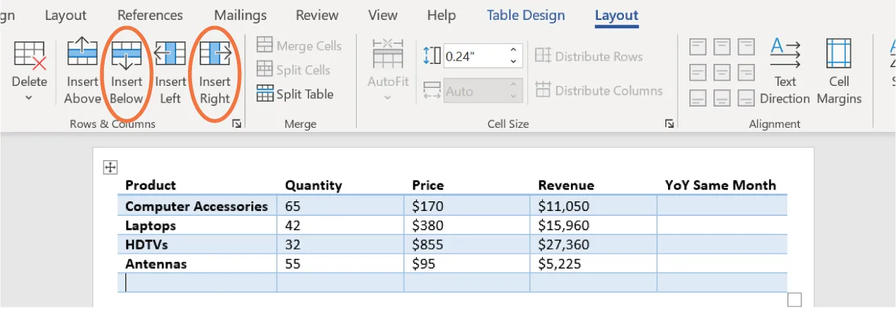 Insert Below and Insert Right buttons are selected from Rows & Columns command group. A blue and white lined table is visible, with cells populated with text and numbers.