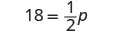 A mathematical equation is displayed on a white background, reading 18 = 1/2p, where 18 is equal to one-half multiplied by the variable p.