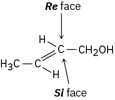 The structure of crotyl alcohol. The central carbon is labeled Re face at the top and Si face at the bottom.