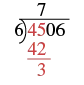 An illustration of long division, specifically the initial step where 45 is divided by 6, yielding 7, and 42 is subtracted to find the remainder of 3.