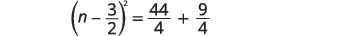 A mathematical equation shows (n - 3/2)^2 = 44/4 + 9/4. The expression on the left is a binomial squared with variable 'n' and constant 3/2. The right side is a sum of two fractions, both with a denominator of 4.