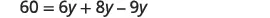 A mathematical equation on a white background reads '60 = 6y + 8y - 9y'.