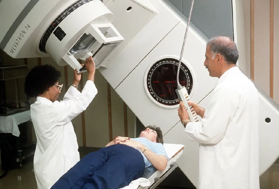 Image of an individual being prepped for treatment on a linear accelerator.