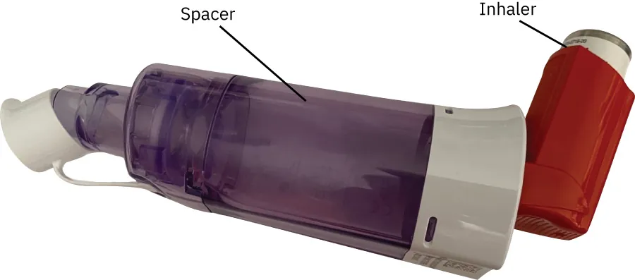 An image of a spacer attached to an inhaler.