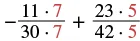 Math expression for adding fractions: -11/30 and 23/42. Each fraction's numerator and denominator are multiplied by a distinct factor (7 or 5, in red) to find a common denominator.