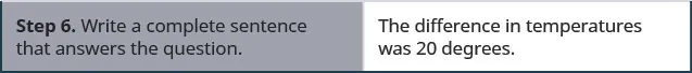 The final row says, “Step five. Write a complete sentence that answers the question.” Next to this in the right column, it says “the difference in temperatures was 20 degrees.”