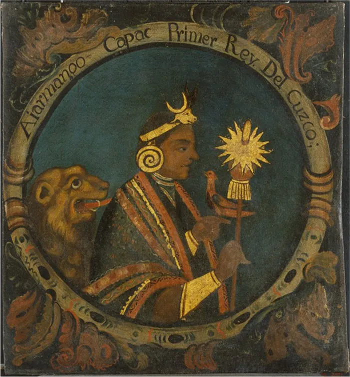 A drawing is shown of a figure inside a circle decorated on the perimeter with dark designs. Across the top of the circle words are seen: Aiarmanoo Capac Primer Rey Del Cuzco. Inside the circle on a dark blue background a figure faces to the right looking at an orange and green bird in his left hand. He is dark skinned, wears a gold crown with a bull head at the front with large horns. A gold circular earring hangs from his ear. His robe is richly decorated with orange, blue, black and yellow colors with gold stitching on the edges. Gold sleeves show from beneath his robe. In his right hand he holds a scepter with a gold pointy top. Behind him a brown furry animal sticks its tongue out and licks the robe. The animal’s ear is close to his body and he has a large snout. The bottom of the circle encasing the figure is decorated with black, blue and red designs.