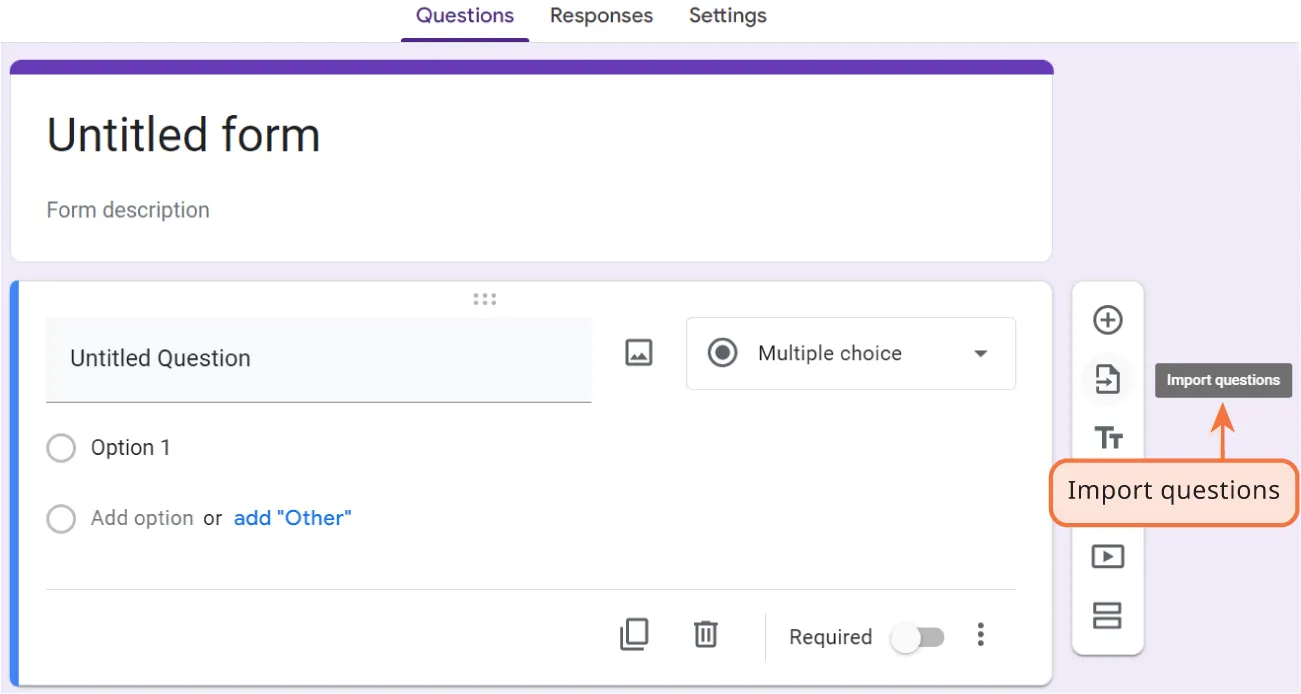 A toolbar with an Import questions icon is visible to the right of a survey template form.