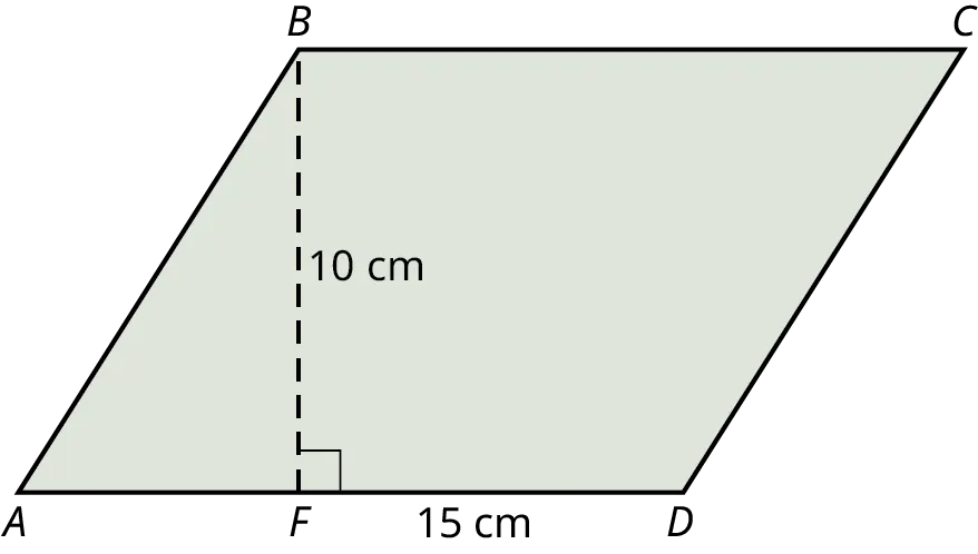 A parallelogram, A B C D. A vertical dashed line is drawn from B to meet the side, A D at F. B F measures 10 centimeters, and F D measures 15 centimeters.