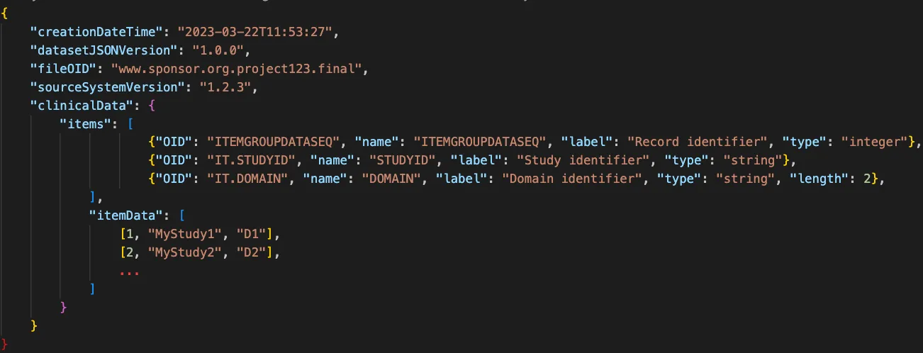 A screenshot of a code snippet displaying JSON-formatted data with fields for creation date, dataset version, file ID, source system version, and clinical data. Clinical data includes items with OID, name, label, and type information.
