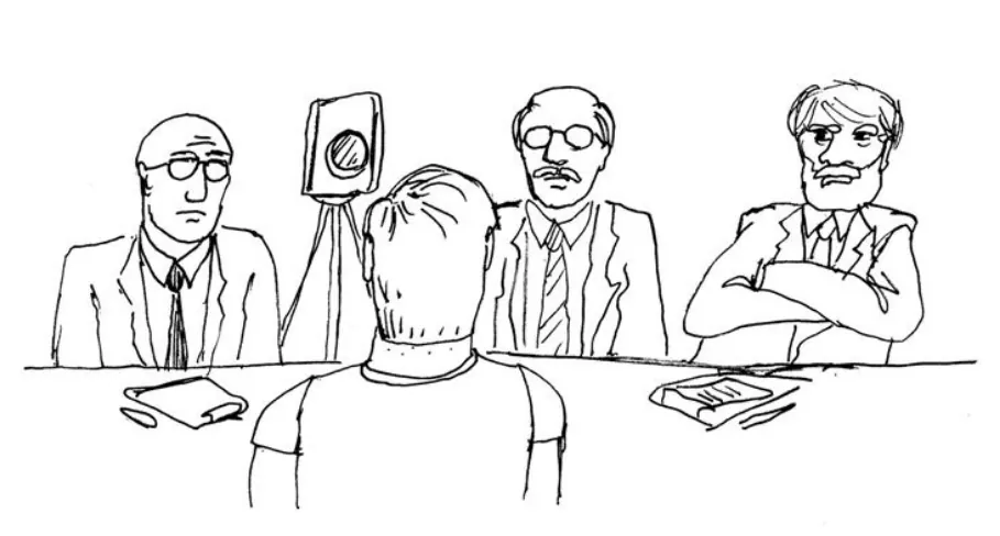 Cartoon of a person sitting in front of a panel of displeased-looking people with a camera, a representation of the TSST, a psychosocial human laboratory stressor that reliably elicits a stress response.