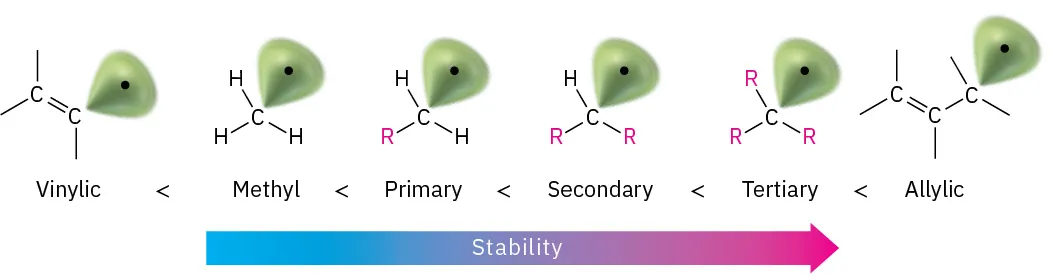 The structures of six radicals in order of increasing stability: vinylic, methyl, primary, secondary, tertiary, and allylic.