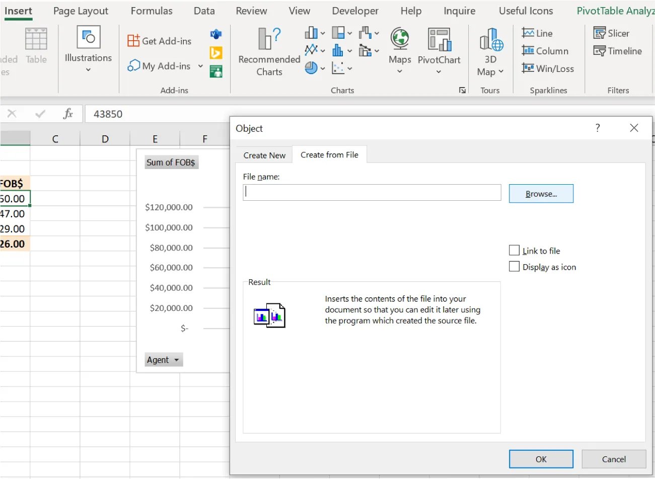 Create from File tab selected in Object window. Browse button selected for blank File name bar. Link to File and Display as icon buttons available for selection.