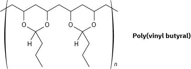 The structure of poly(vinyl butyral). It comprises eleven-carbon chain with oxygen connected at C 3, C 5, C 7, and C 9. The oxygen is linked to the propyl group.