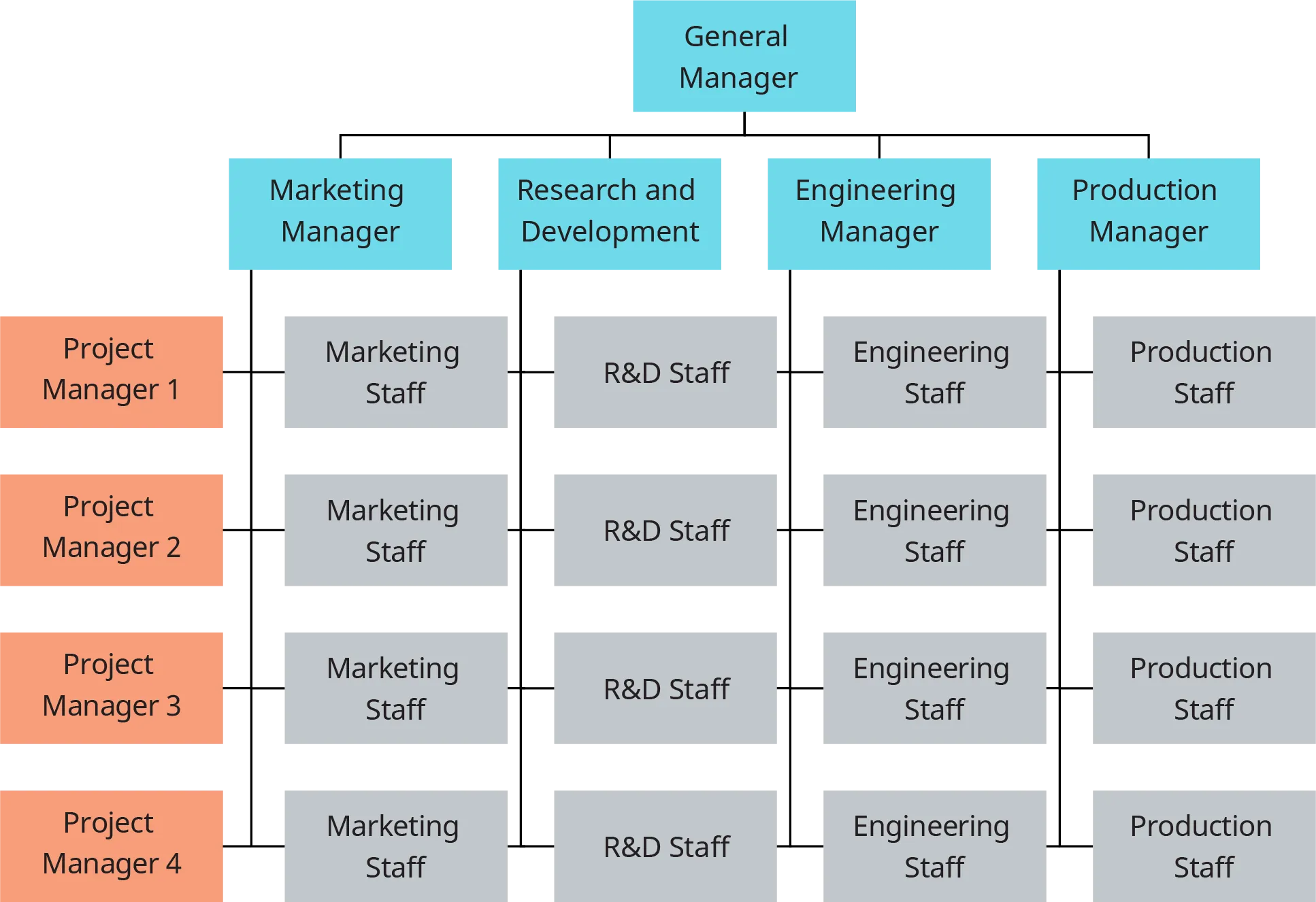 A diagram illustrates an example of a matrix structure in an organization.